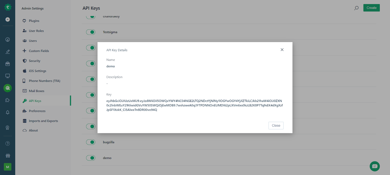 API key details in Testsigma