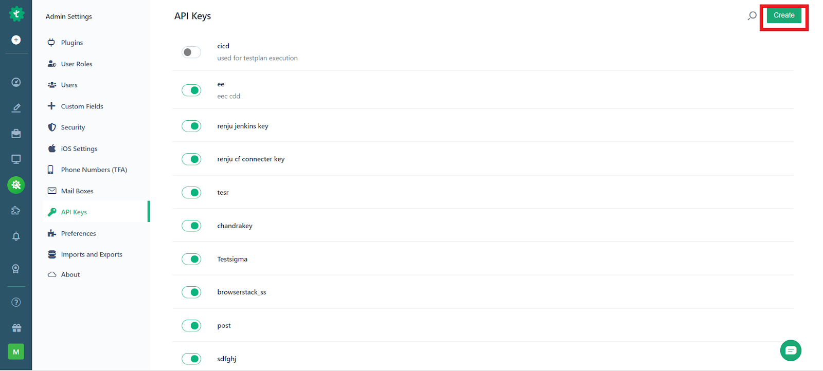 API Keys page in Testsigma