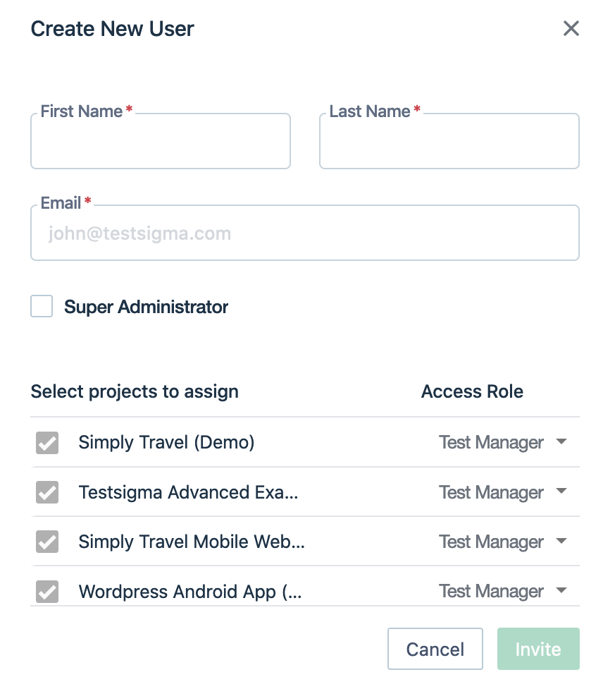create new user form in Testsigma