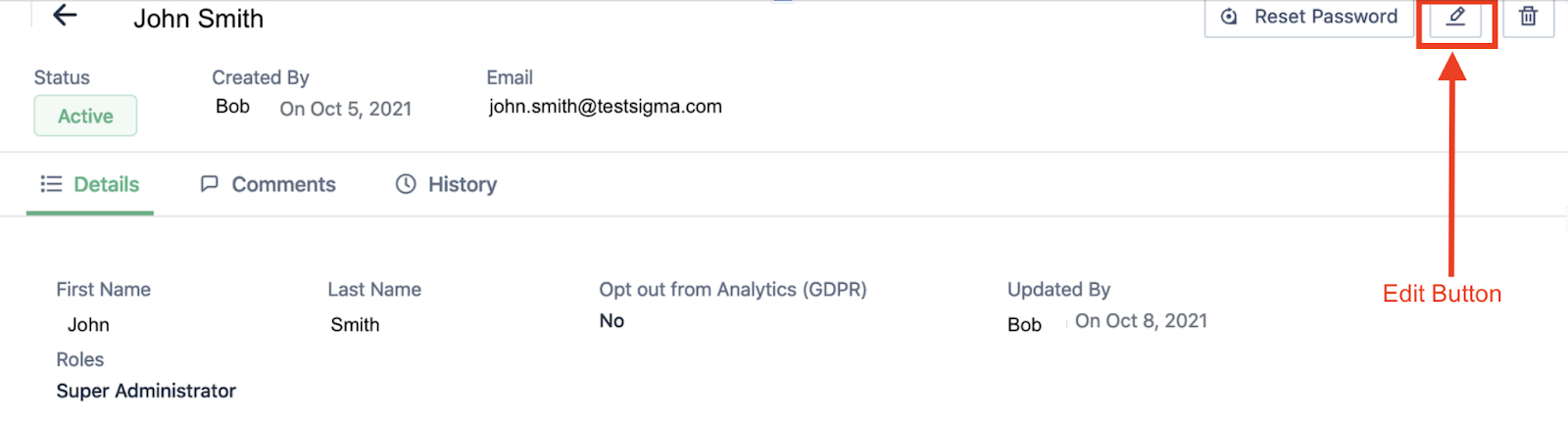 Edit Button on the User Details page in Testsigma