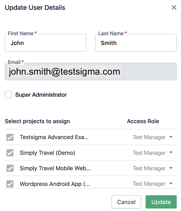 Update User Details form in Testsigma