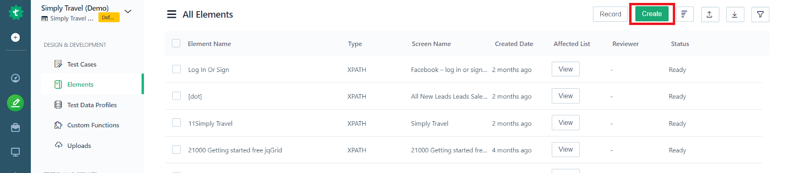 create button on elements page in Testsigma