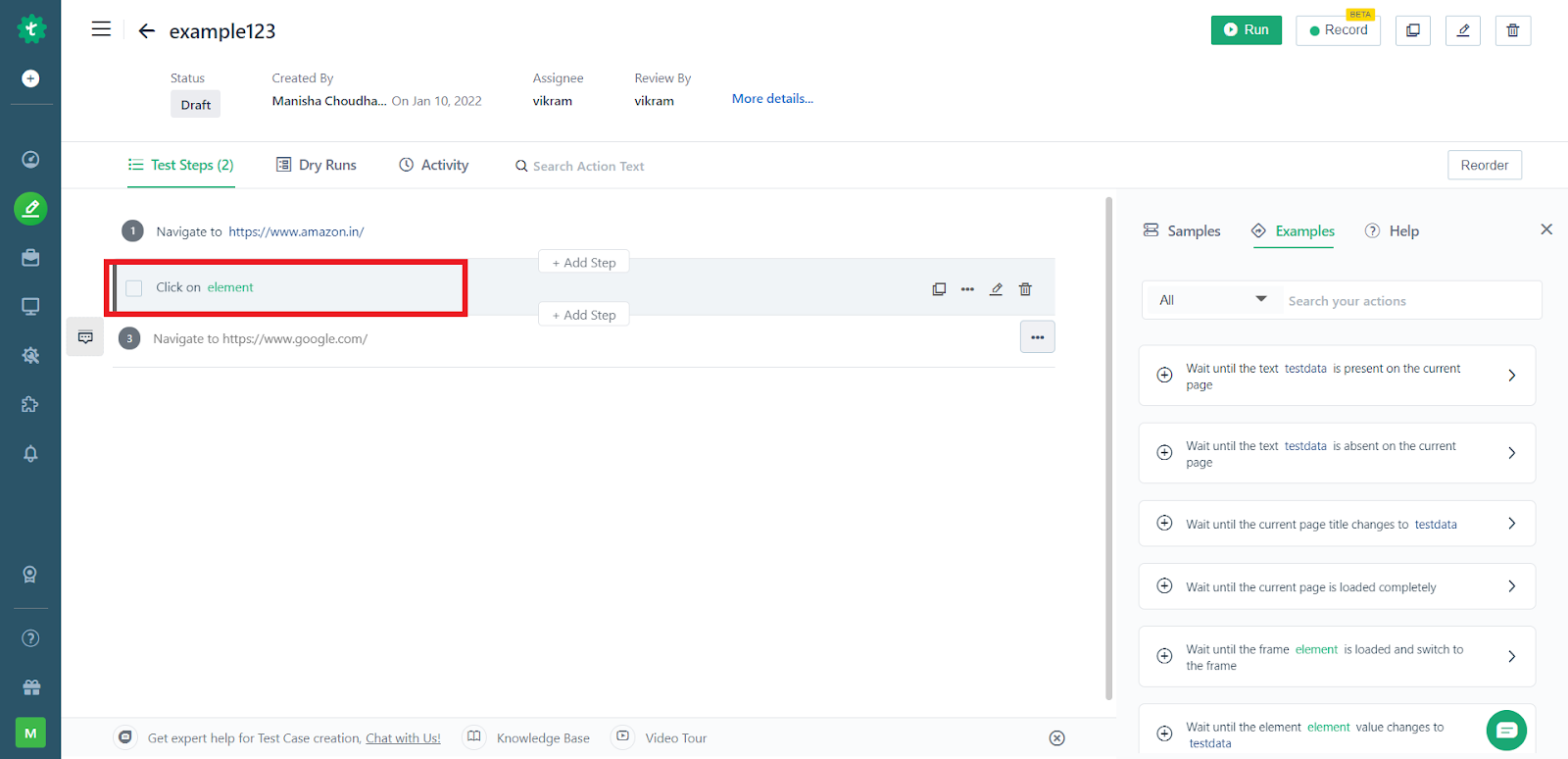 element specific test step test case page in Testsigma