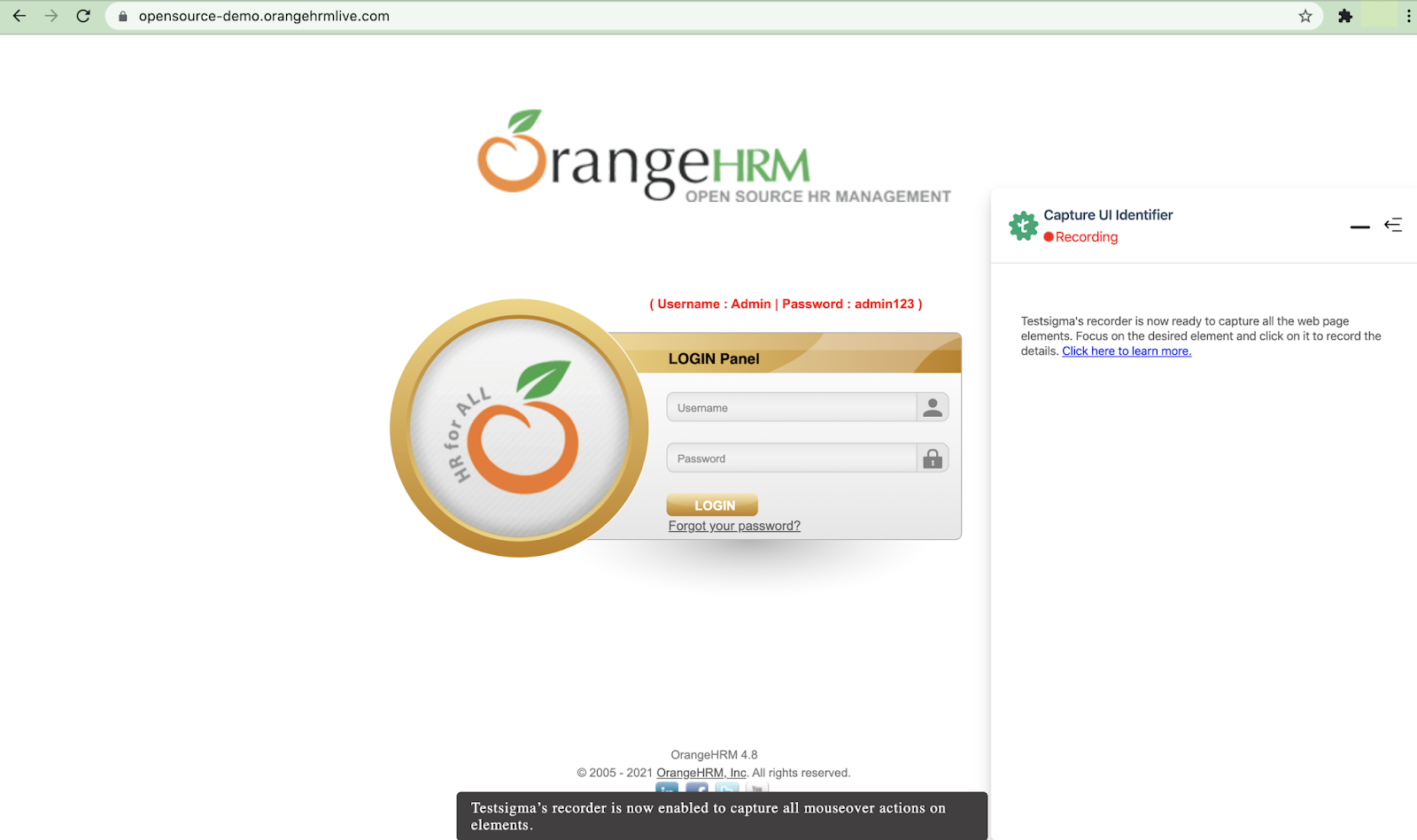 recording element on a page in Testsigma
