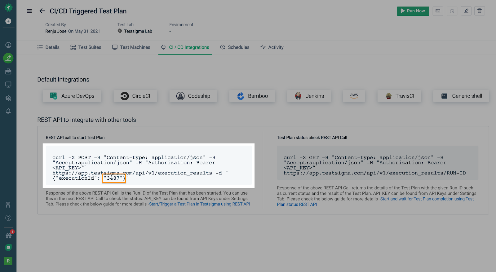 CI integration details in Testsigma