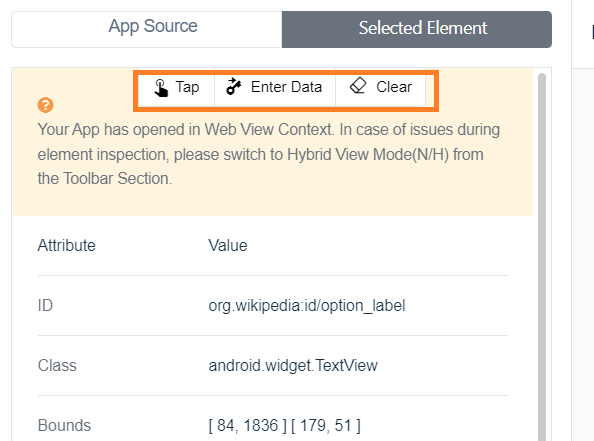 actions for selected element in android step recorder in Testsigma