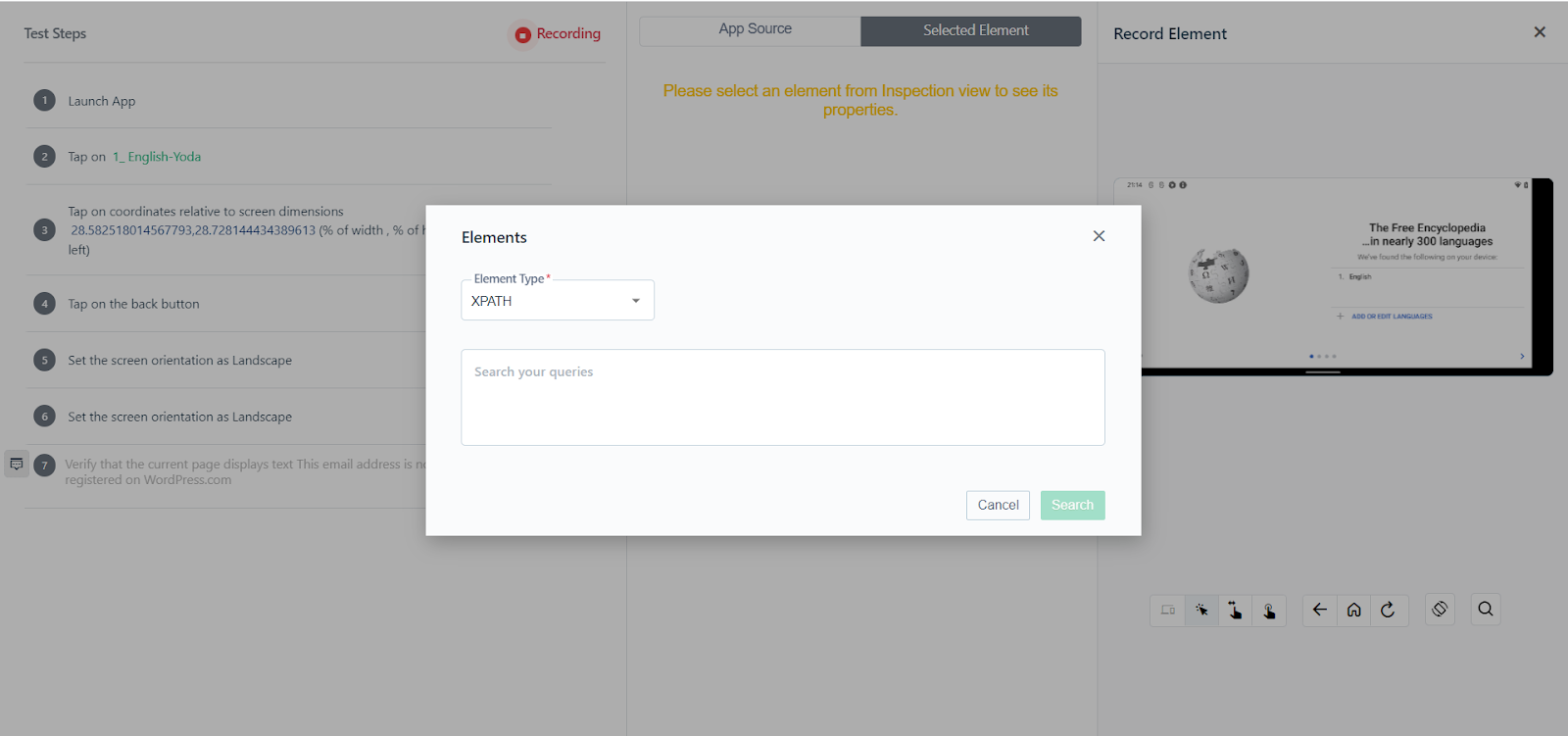 elements box to search elements on android step recorder in Testsigma