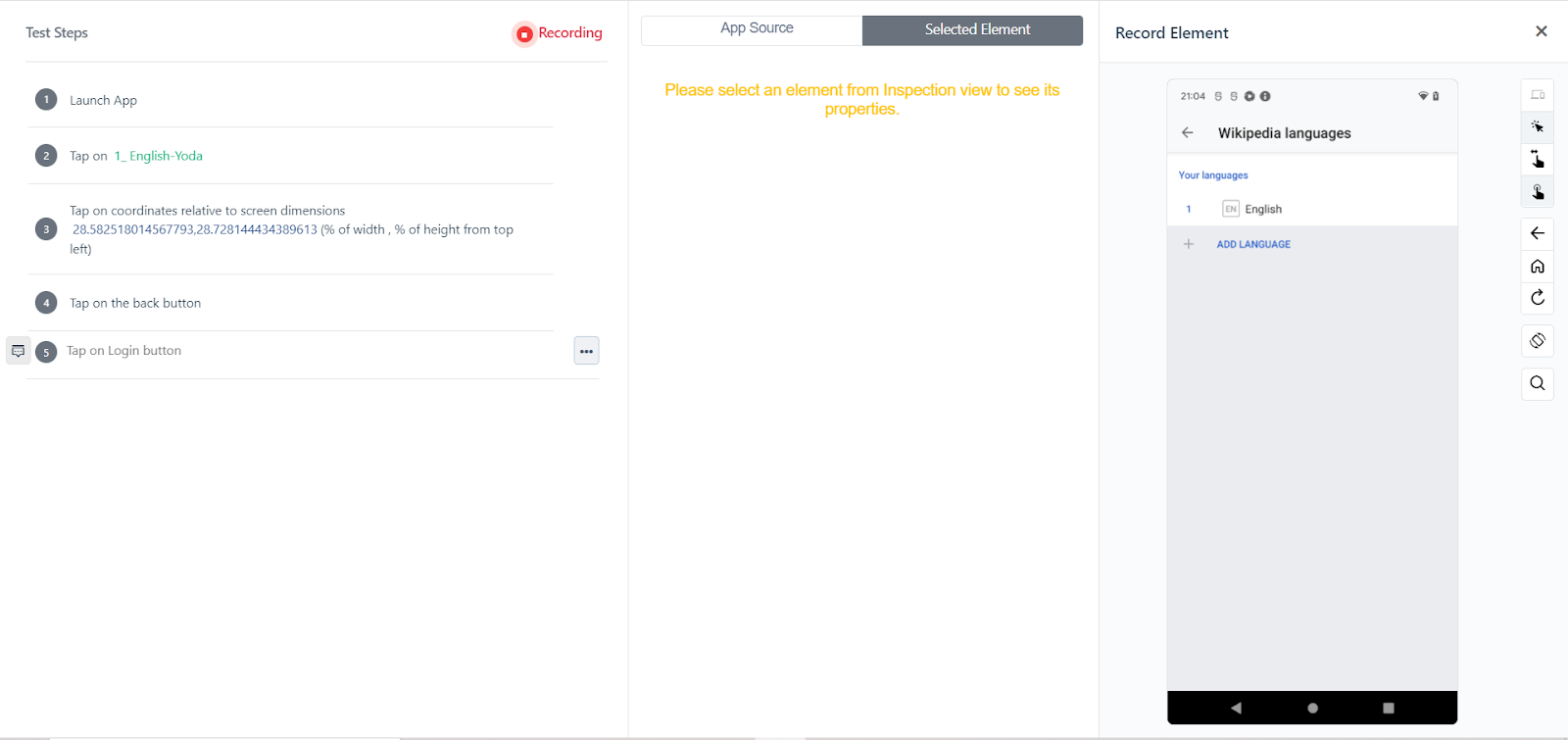 go back to previous page on android step recorder in Testsigma