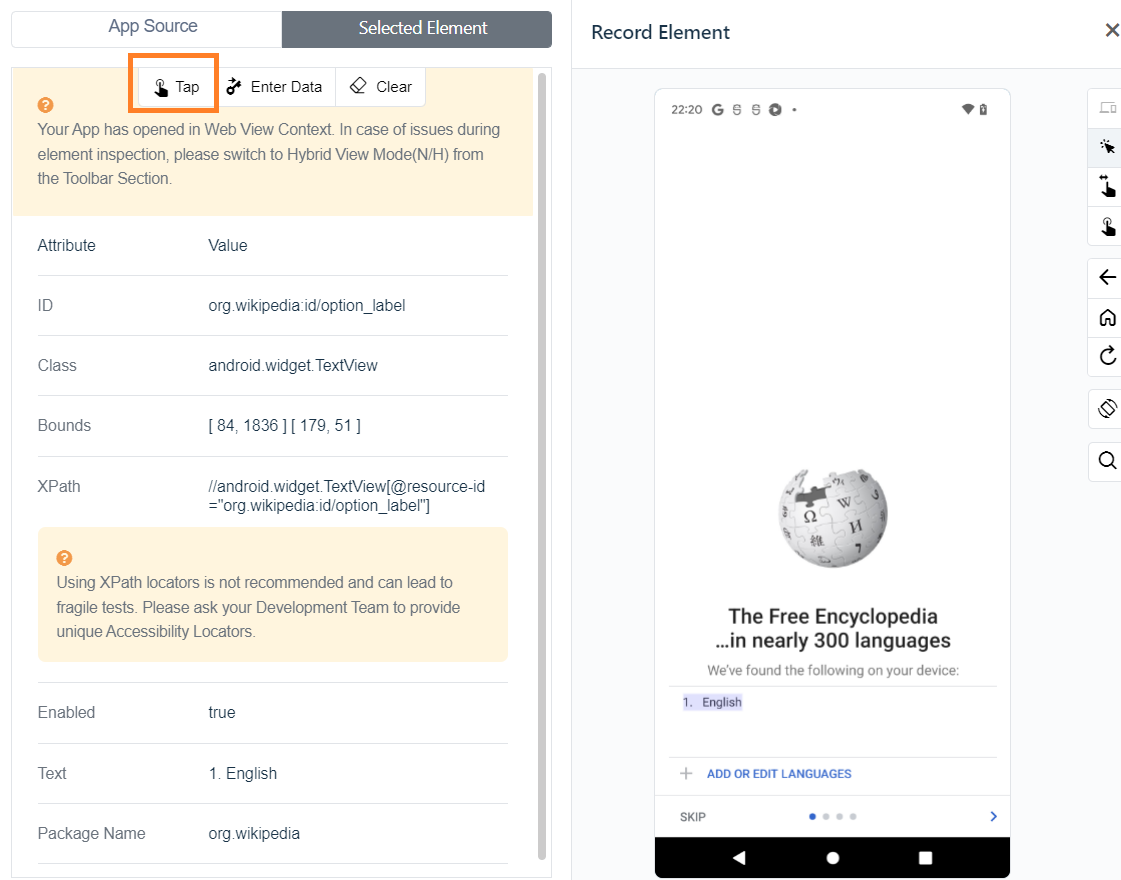tap option on selected elements via android step recorder in Testsigma