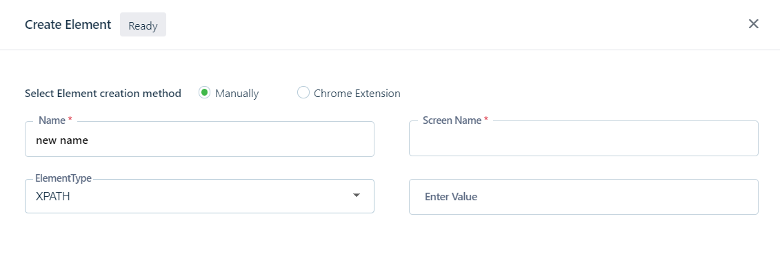 create Element form in Testsigma with Manually radio button selected