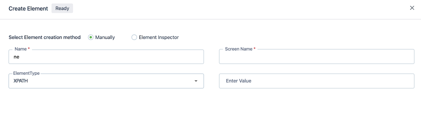 create element form in Testsigma for an android project with Manually radio button selected 