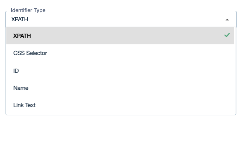 identifier type dropdown values on the create Element form in Testsigma