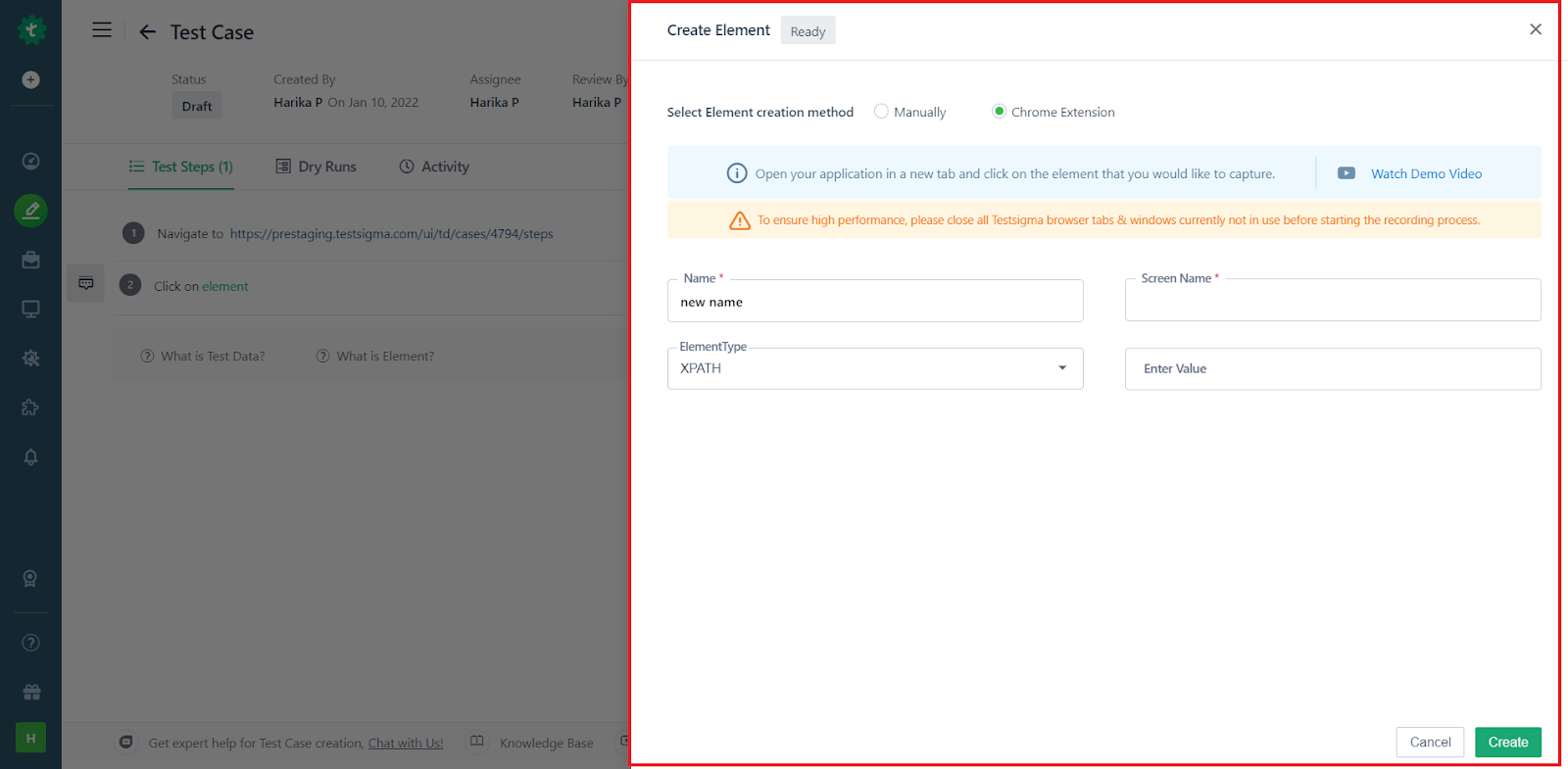 create Element form on test case page in Testsigma
