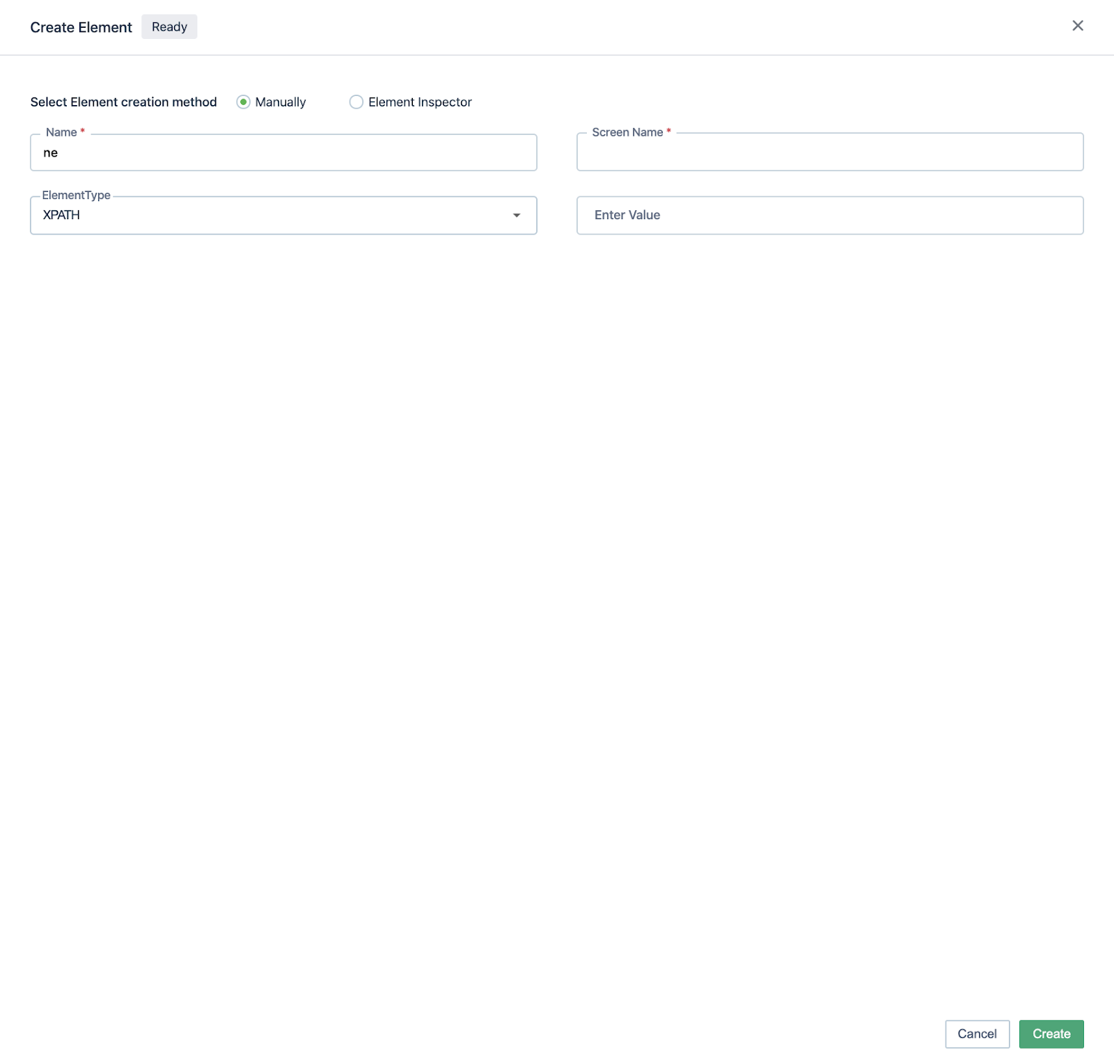 create element form on test case page for iOS project in Testsigma
