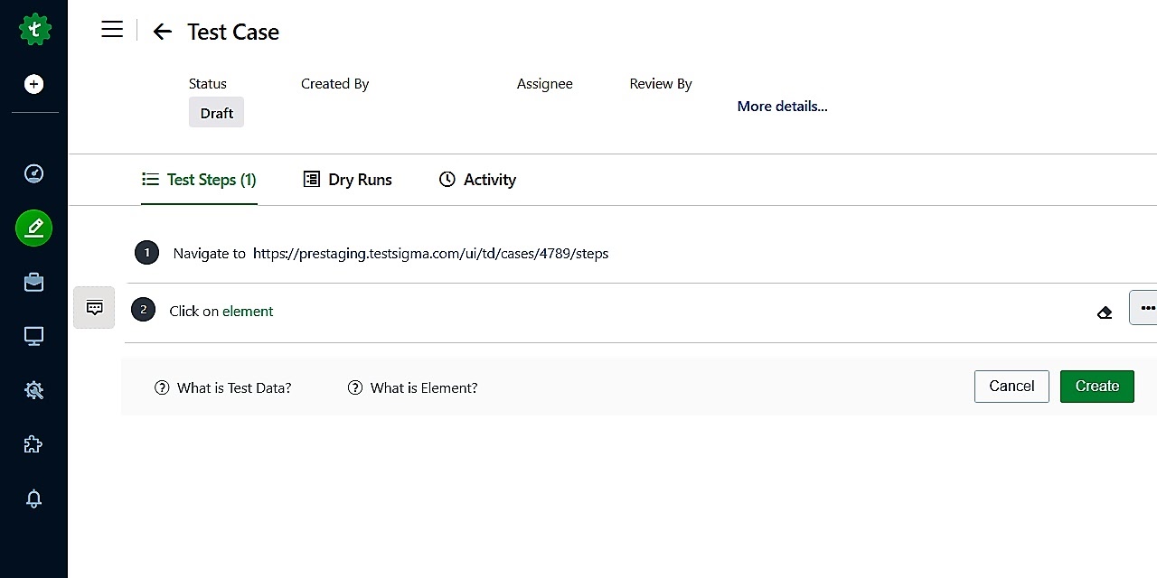 Element specific test step test case page in Testsigma