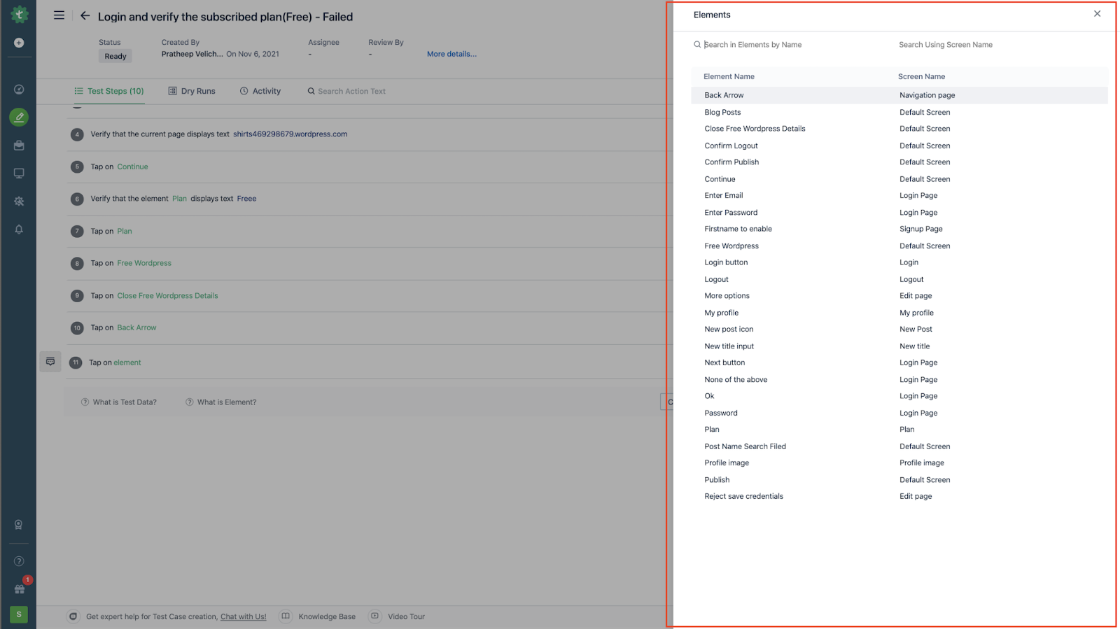 Elements layover over a test case page for android project in Testsigma