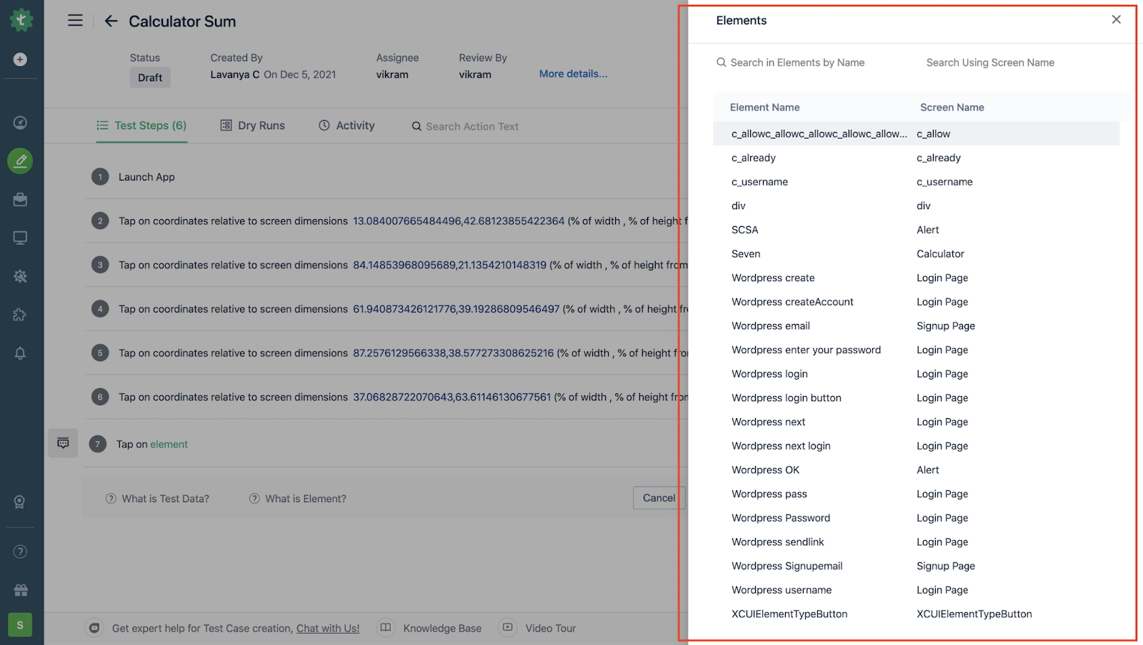 Elements layover over a test case page for iOS project in Testsigma