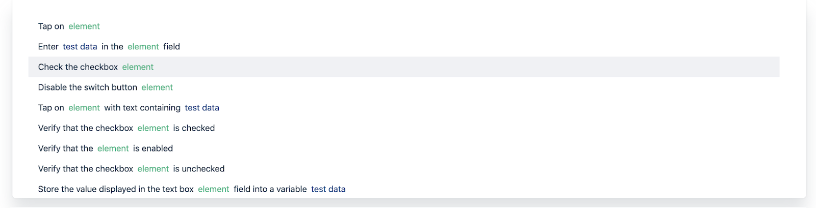 the various Action test steps for android application in Testsigma