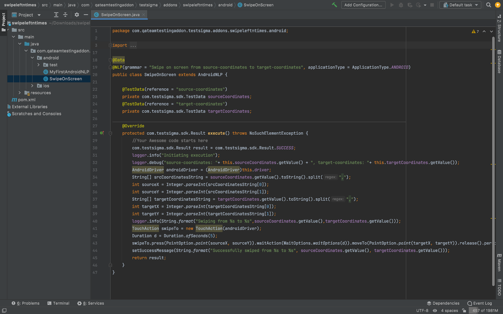 Sample code for Testsigma Android add-on in IDE