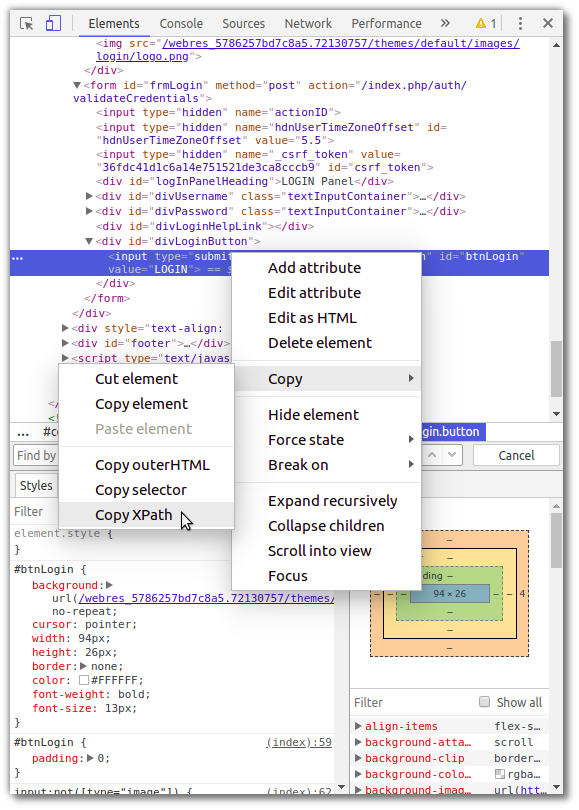 Copy Xpath menu option on Chrome Devtools Elements panel