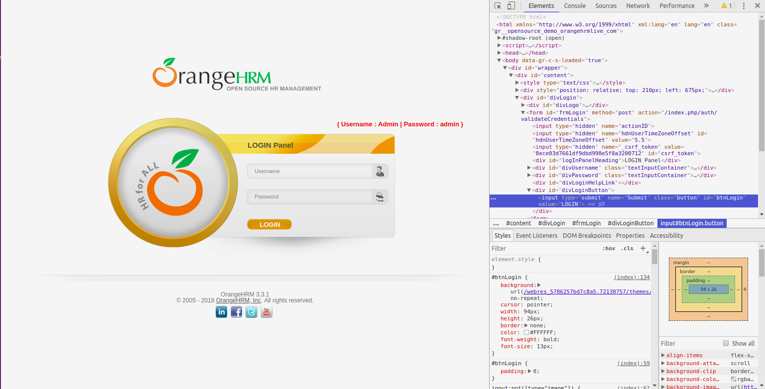 Chrome Devtools Elements panel on OrangeHRM Page 