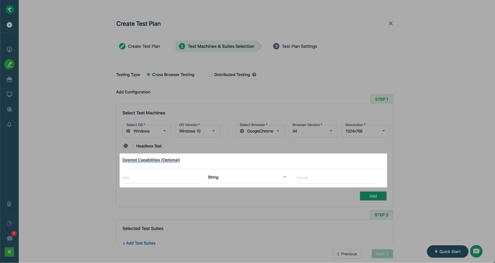 Create Test Plan Desired Capability
