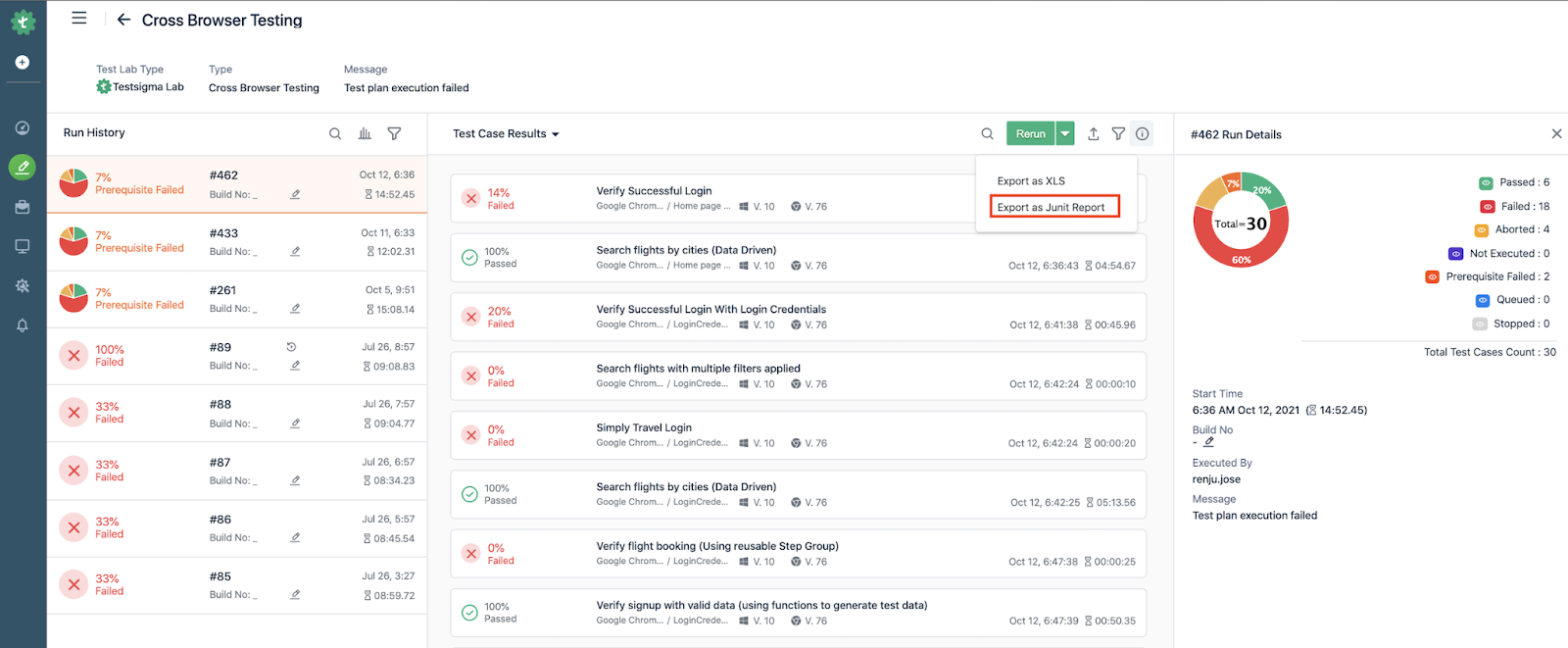 Export as Junit report for a test run report in Testsigma