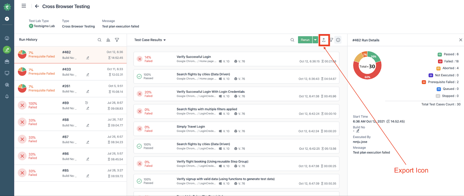 export icon on the test results page for a test plan in Testsigma