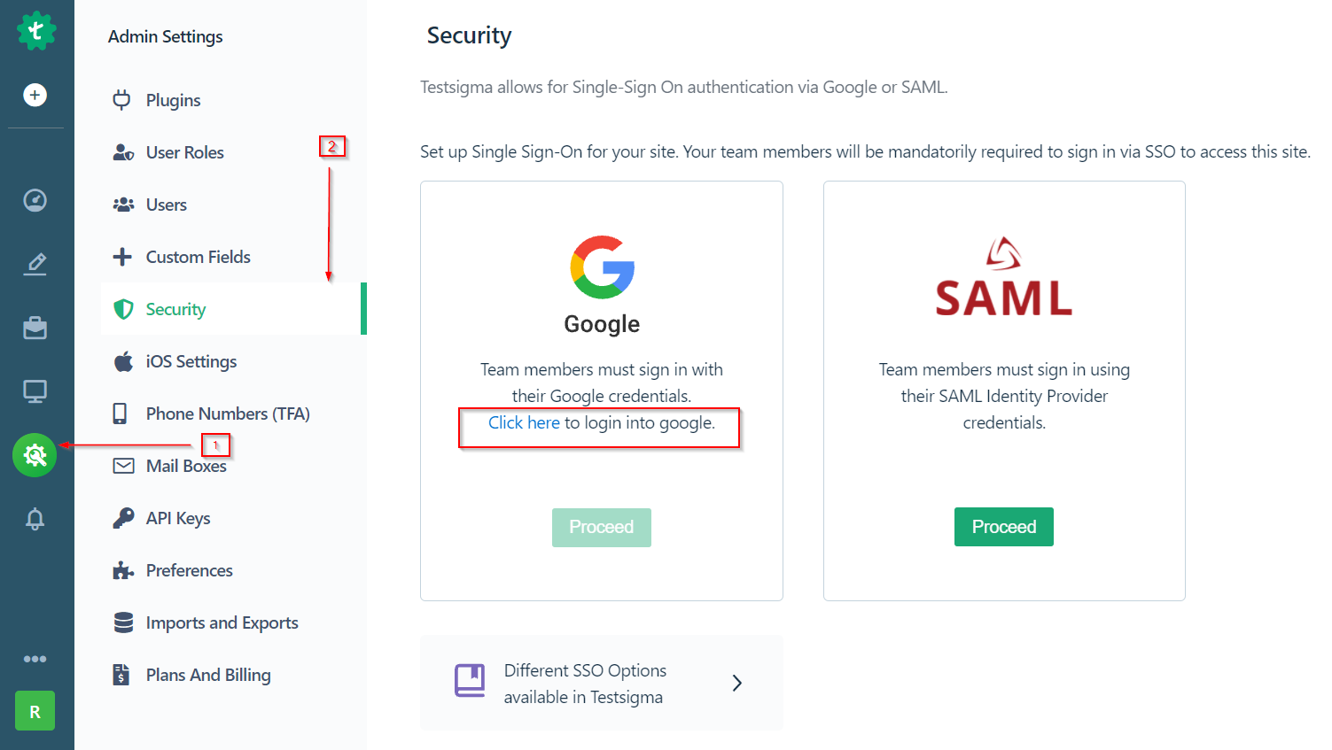 Navigation to opt for Single Sign-On in Testsigma