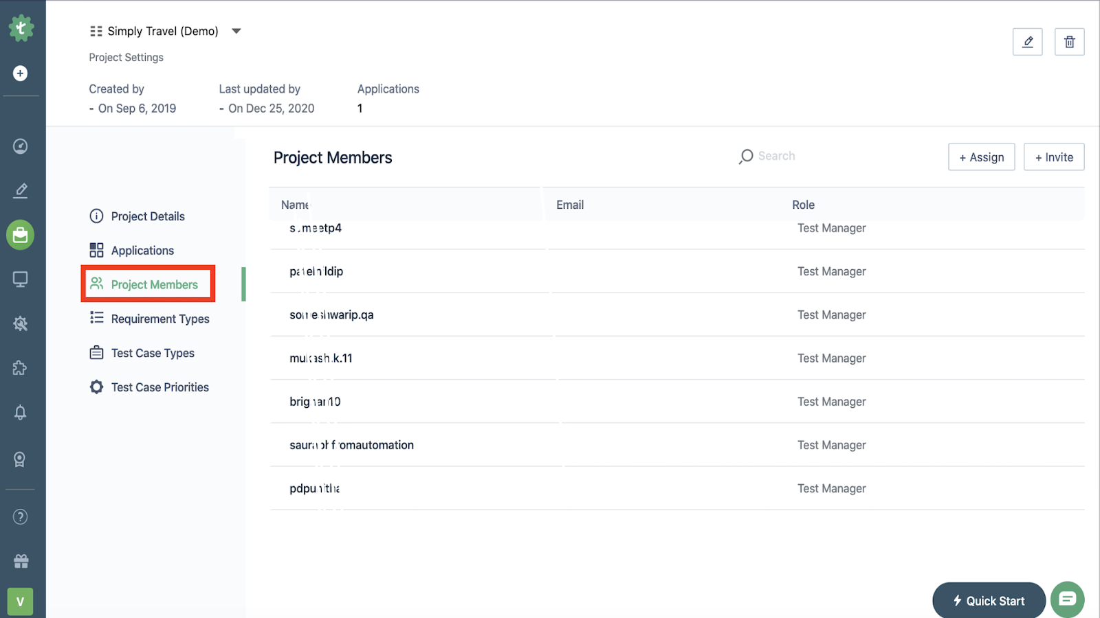 Project members page in Testsigma