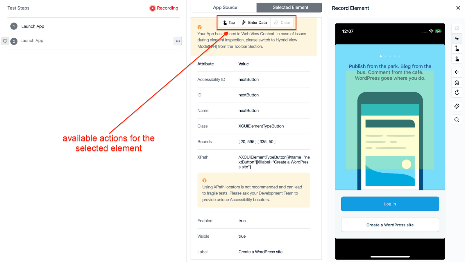 actions available for an inspected element to record test steps via the Recorder in Testsigma, for an iOS project