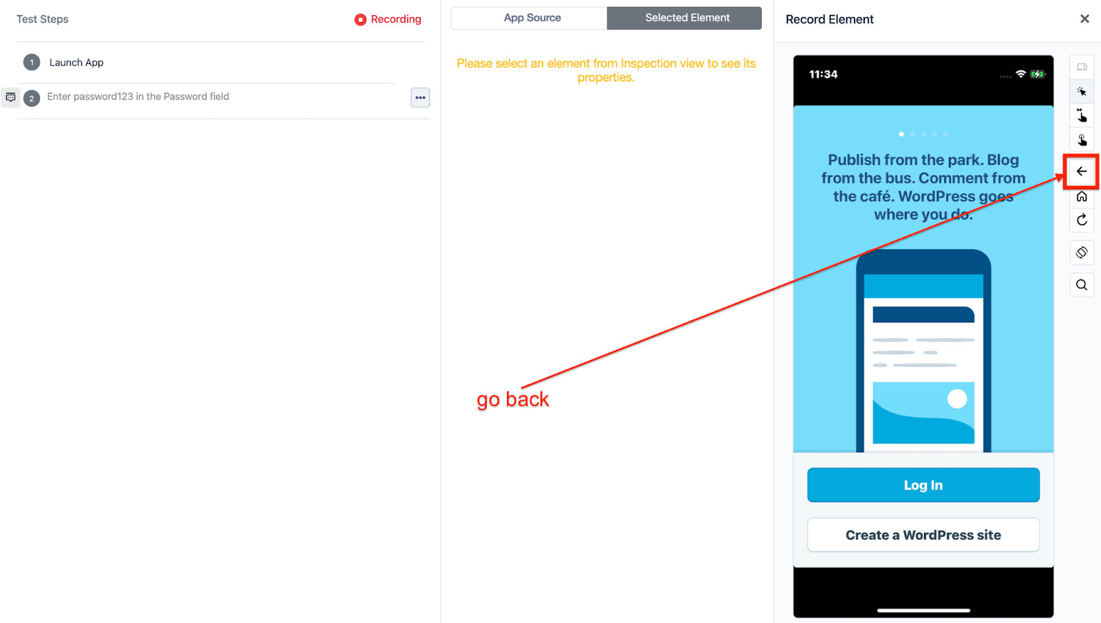 go back button on the Recorder in Testsigma, for an iOS project