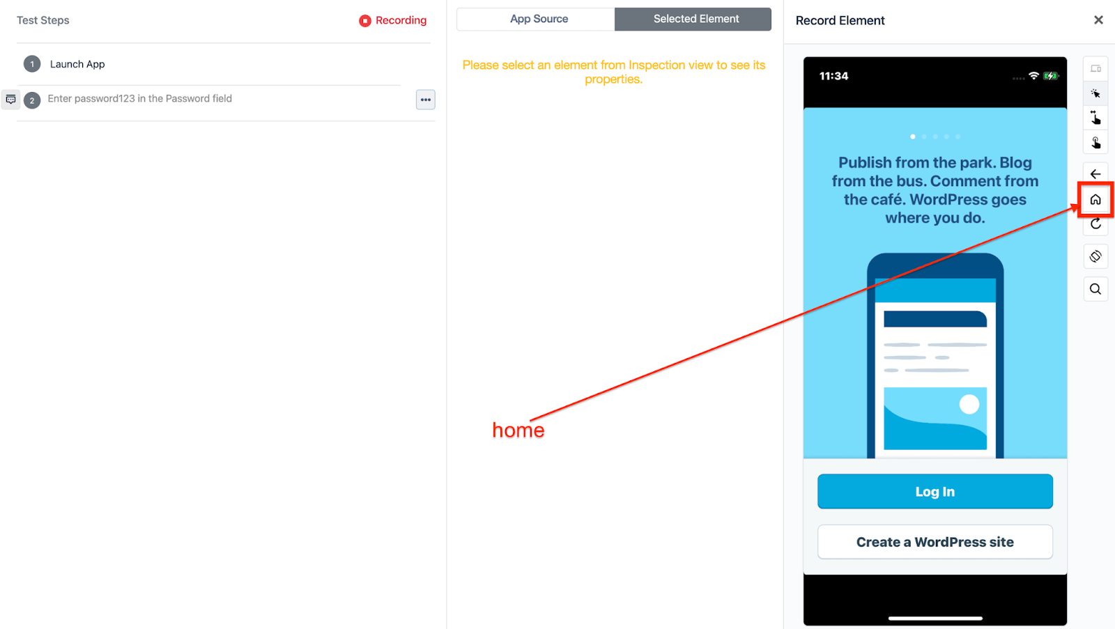 home button on the Recorder in Testsigma, for an iOS project