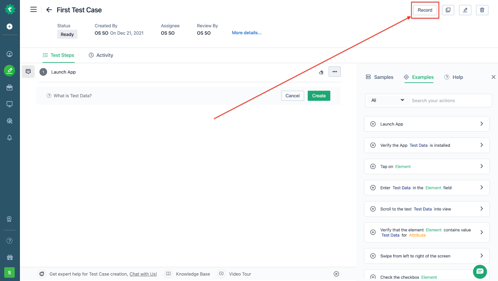 the record button to record test steps via the Recorder in Testsigma, for an iOS project