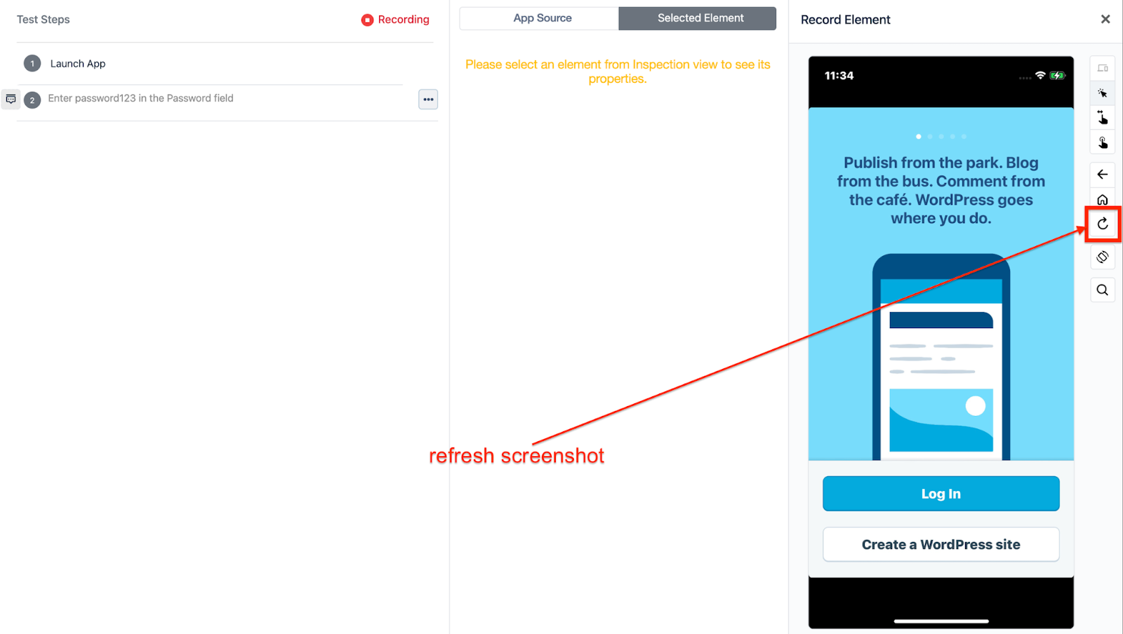 refresh button on the Recorder in Testsigma, for an iOS project