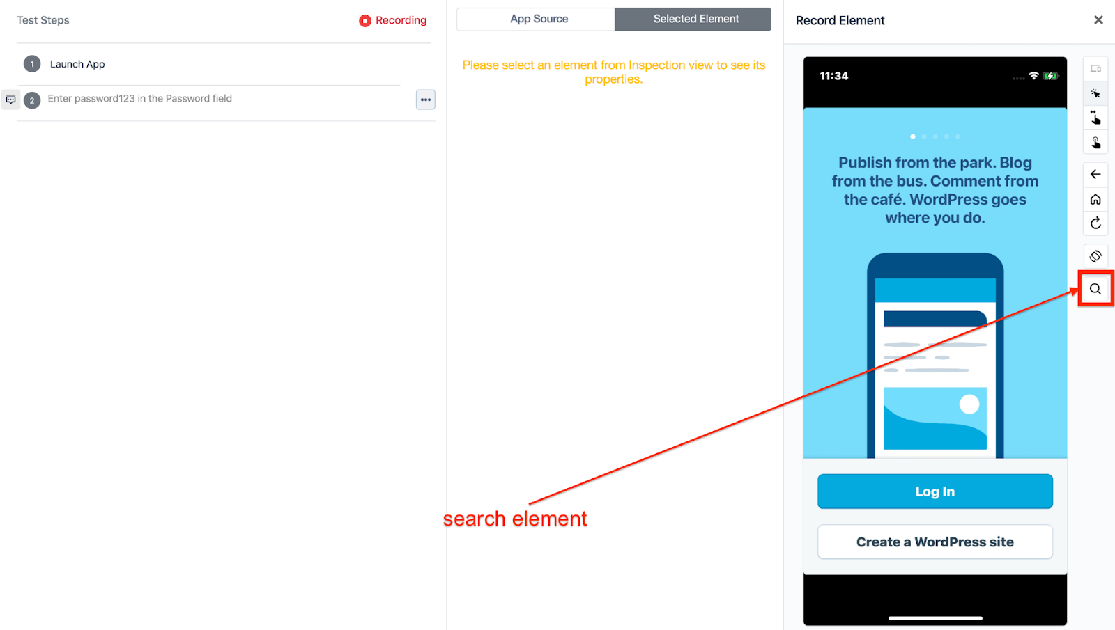 search button on the Recorder in Testsigma, for an iOS project