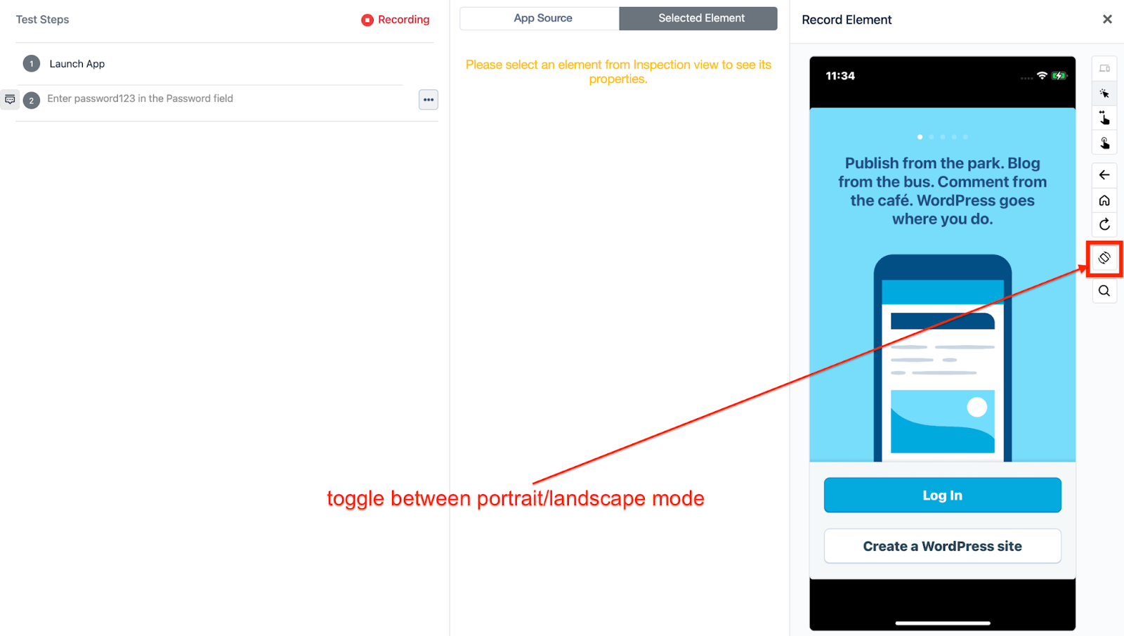 toggle button on the Recorder in Testsigma, for an iOS project
