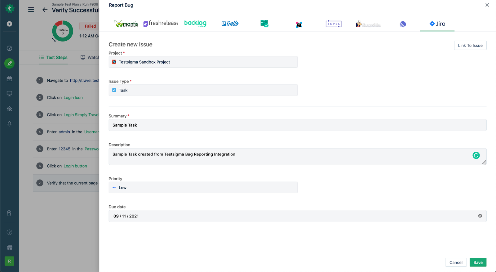 Sample Task reported from Testsigma Bug Reporting Integration in Test Results page