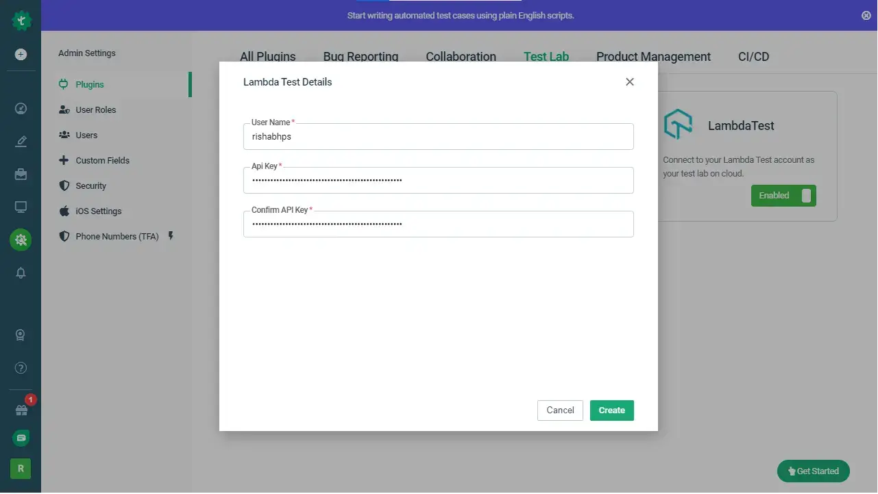 LambdaTest Account details in Plugins Test lab page