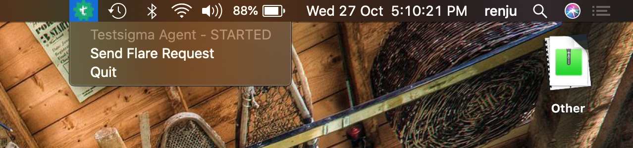 Testsigma agent icon in the status bar once the agent is started