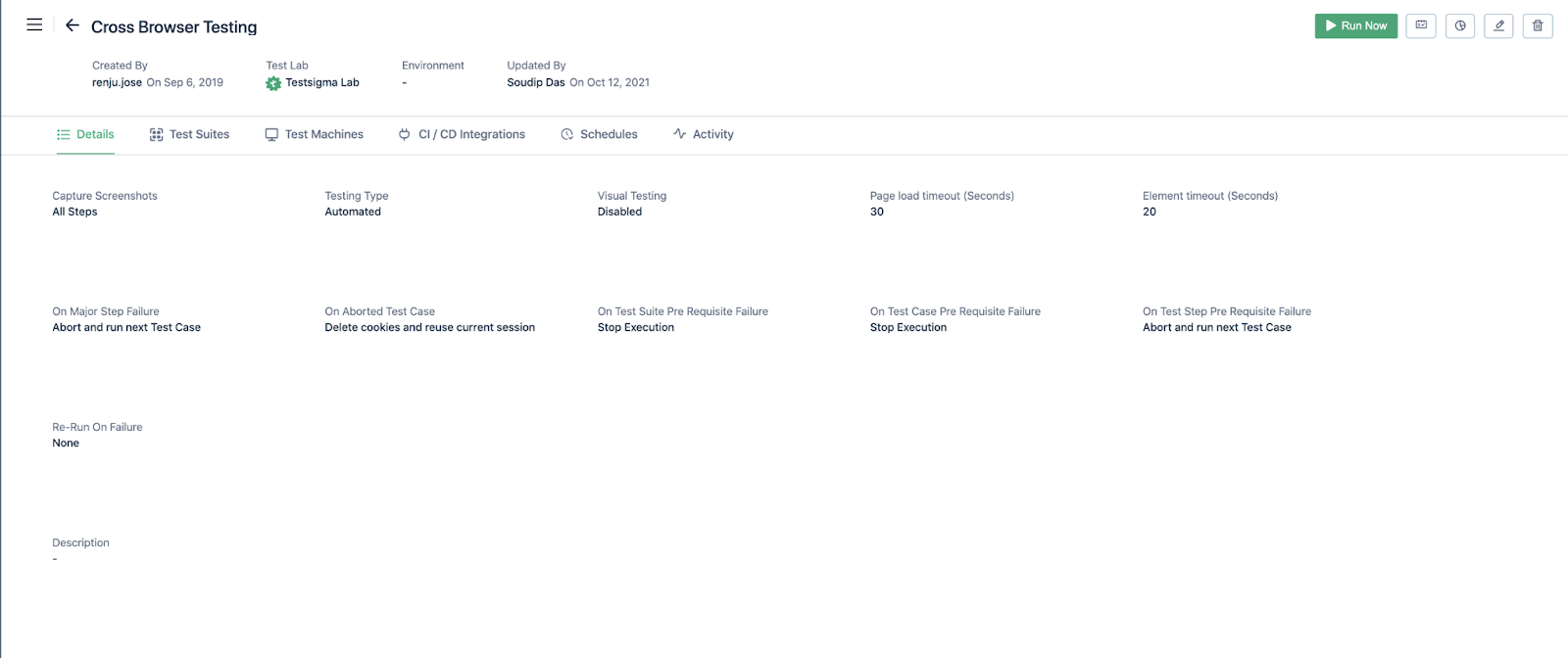 a test plan details page in Testsigma