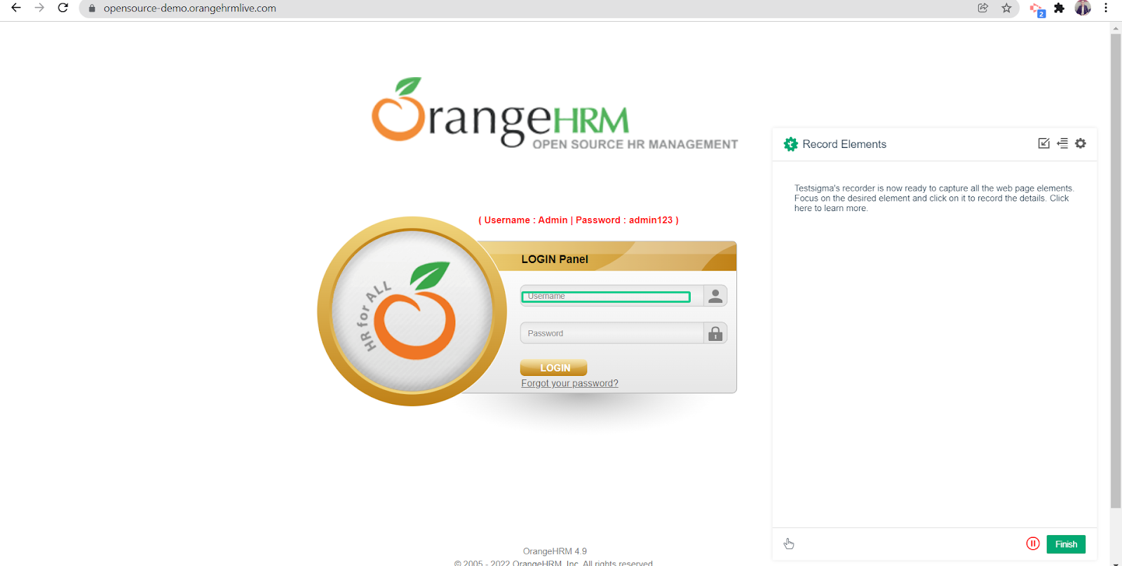 hover over element to record Elements in Testsigma