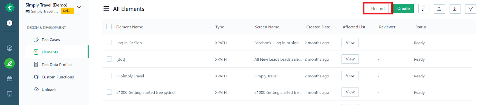 record button on All Elements page in Testsigma