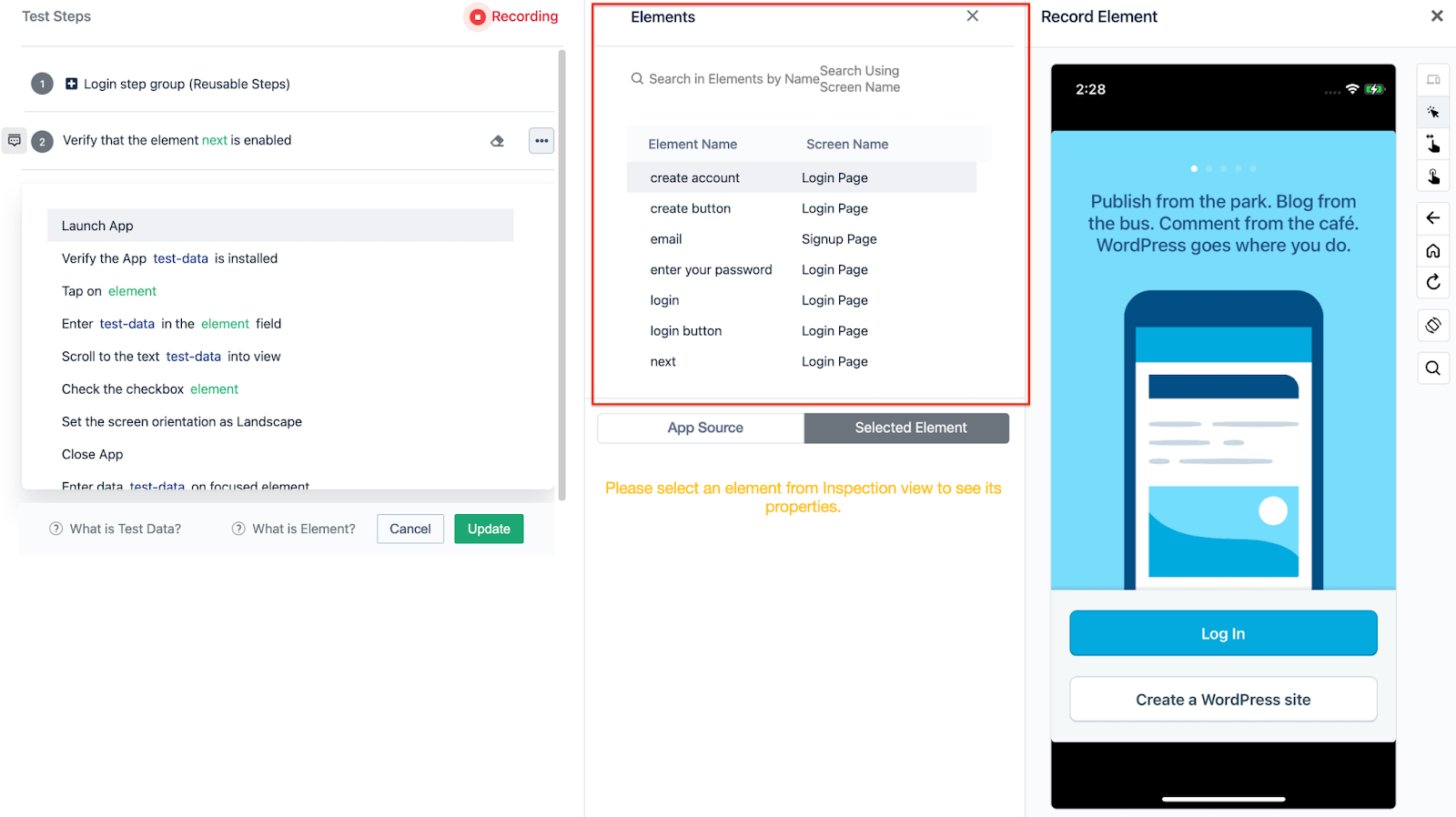 elements screen to reuse elements in Testsigma recorder for an ios project