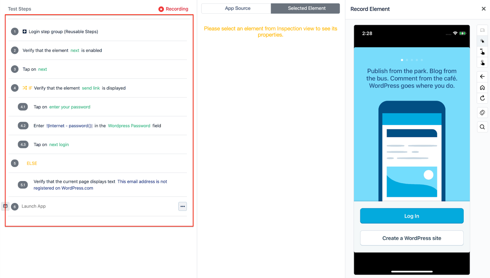 example of recorded test steps that contain elements for an ios project in Testsigma