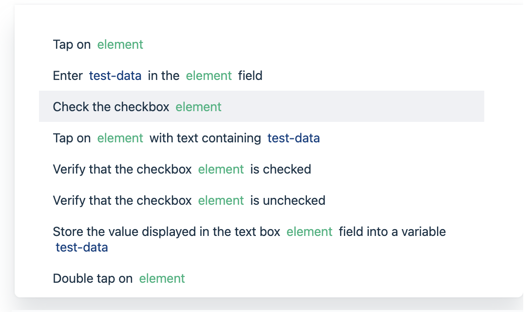 example of test steps that contain elements in an iOS project in Testsigma