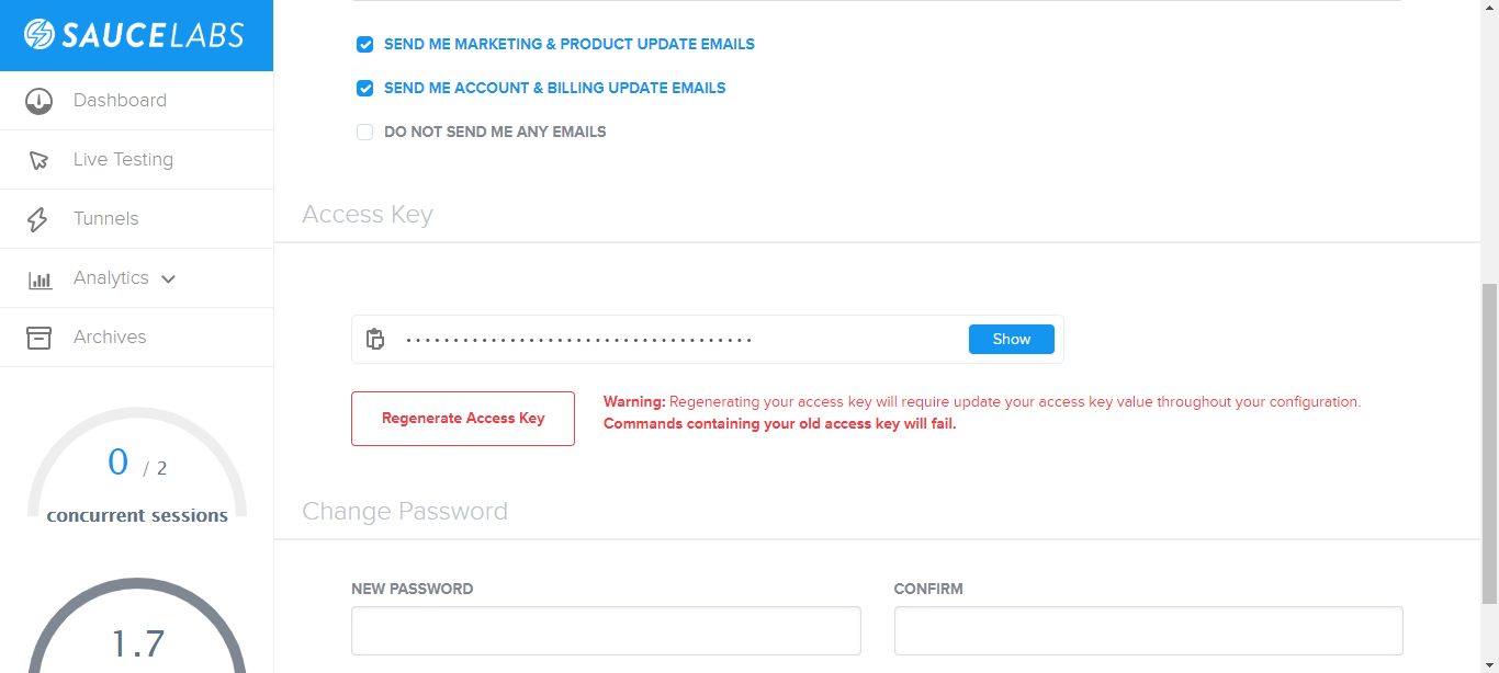 User credentials in Saucelabs Account Settings page