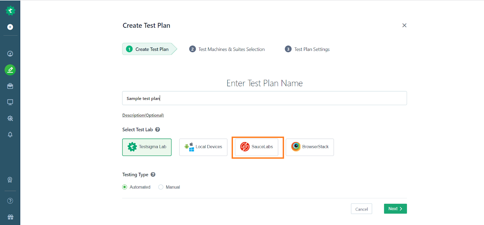 Select SauceLabs as the Test lab Type for Test Plan Run or Ad-hoc Run