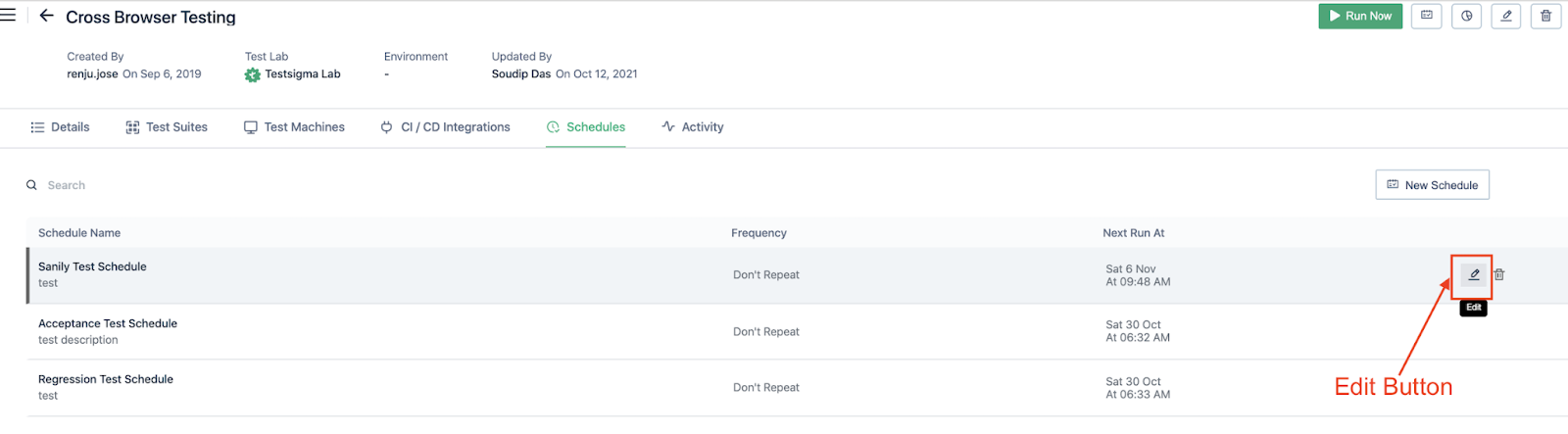 edit button for test plan schedule in Testsigma