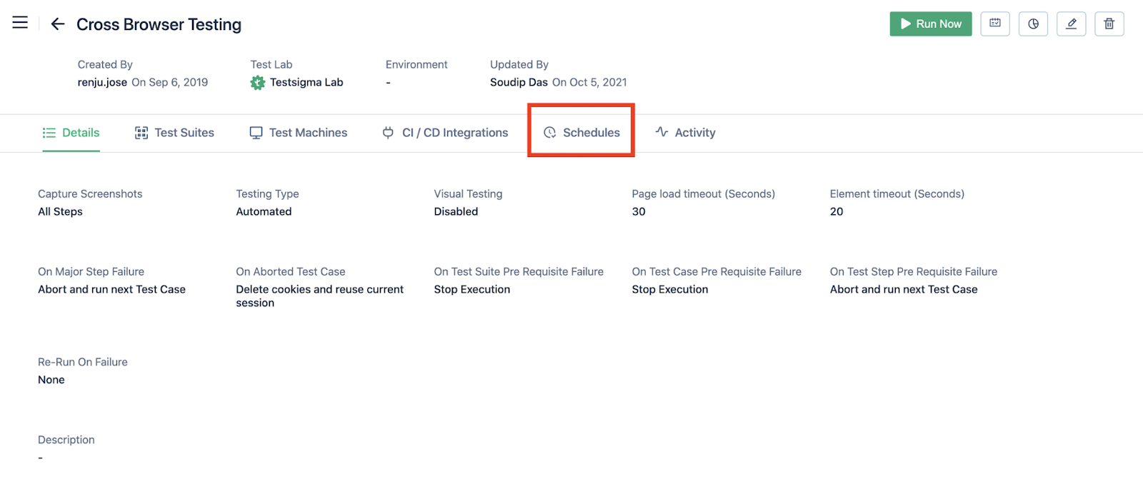 schedules section in Test Plan page in Testsigma